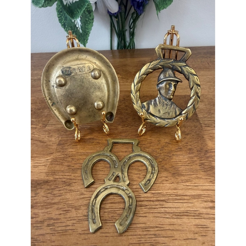 Vintage Brass Horseshoe & Equestrian Wall Plaques Trio MCM Rustic Horse Decor‎